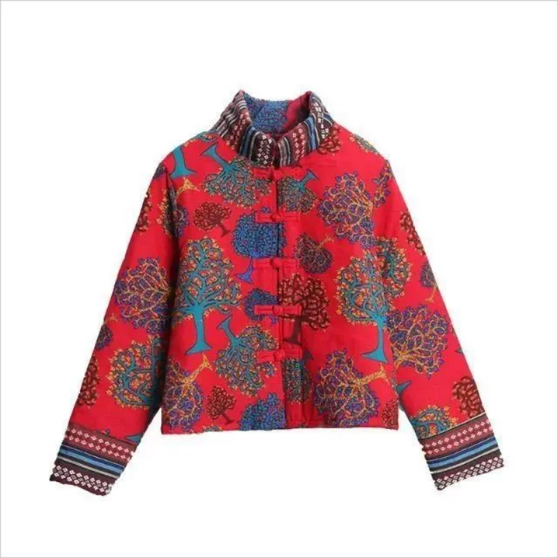 Women Tang Suit Padded Jacket Print Stand Collar Chinese Style Vintage Autumn Winter Female Tradition National Style Short Coat