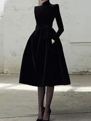 Gymystar Black Party Dress Women Elegant Luxury Prom Golden Velvet Dress New High Neck Vestidos Birthday Evening Luxurious Dress