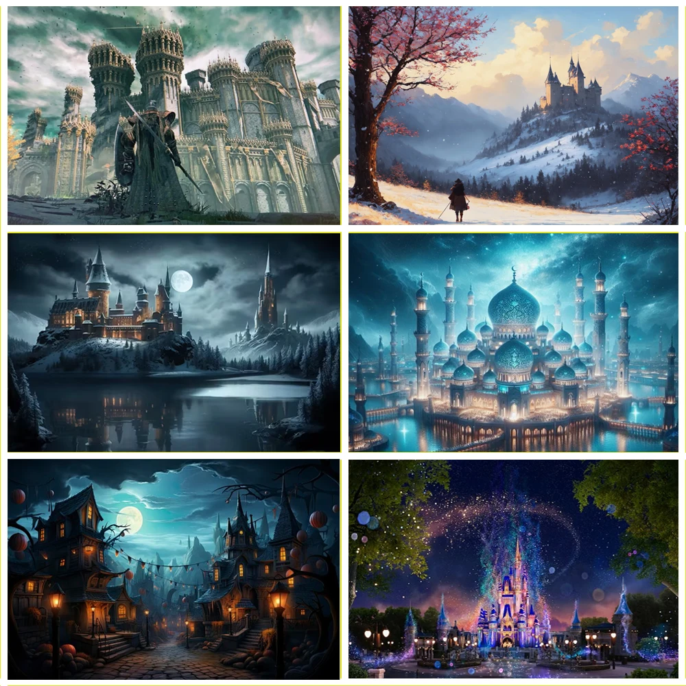

Magic Castle Backdrop Fantasy Night Scene Children Birthday Party Decoration Moonlight Sky Photography Props Family Party Gifts