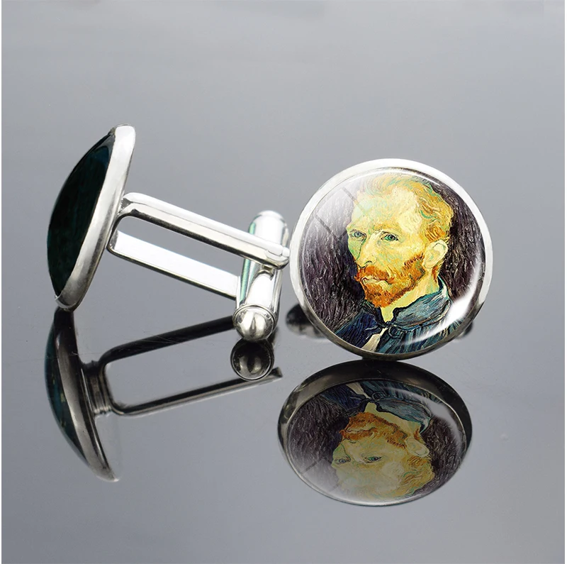 Van Gogh SilverColour Cufflinks Starry Night Handmade Oil Painting Glass Cabochon Cufflinks Men Women Christmas Gift