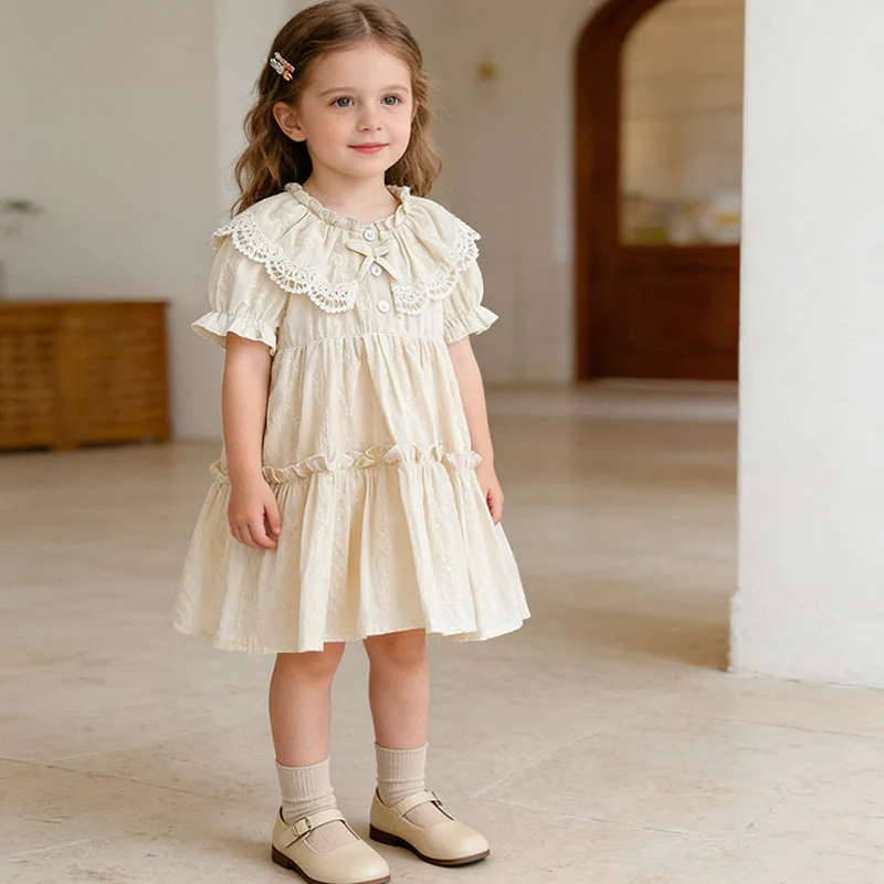 

Girls Summer Dress Lace Doll Collar Short Sleeve Jacquard Kids Clothes Korean Fashion Sweet Princess Casual Party Holiday Dress
