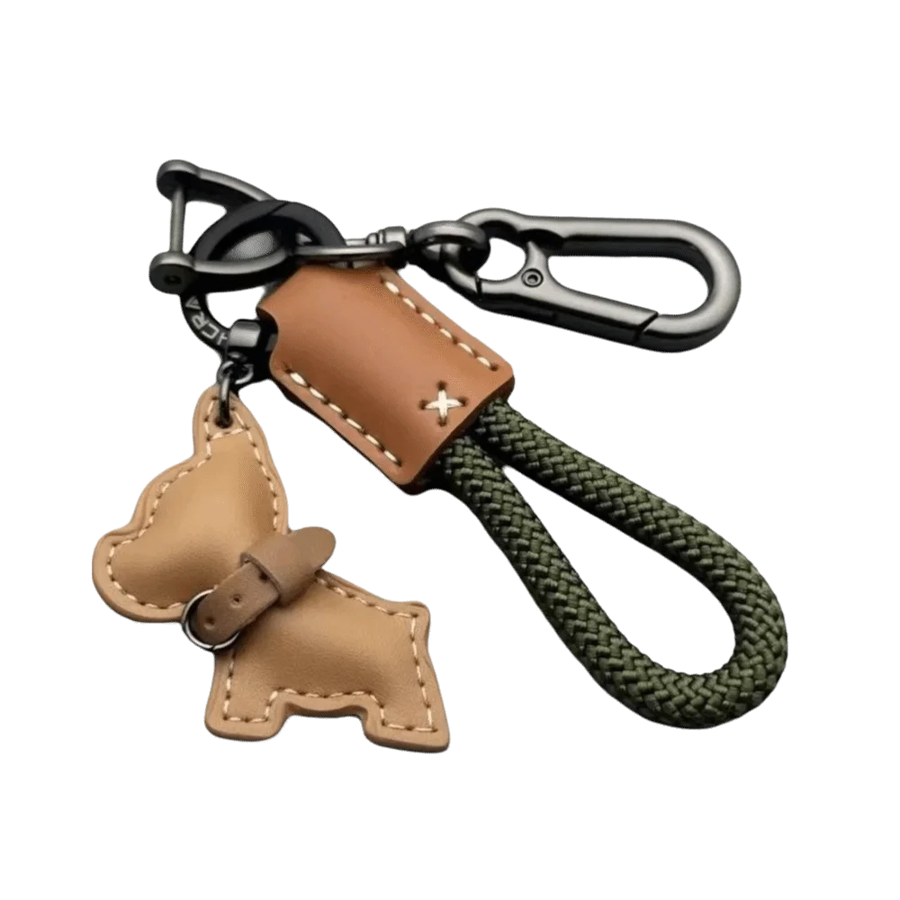 Multi-Use Bulldog Leather Keychain Cartoon Puppy Braided Rope Bag Charm Thick Rope D Buckle Swivel Clasp Keyring Holiday