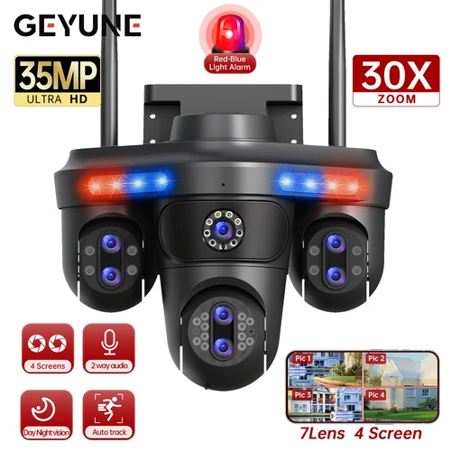 GEYUNE-cámara IP WiFi de 35MP, 4 pantallas, 7 lentes, Zoom 10X, cámara de seguridad PTZ inalámbrica para exteriores, seguimiento automático, cámara de vigilancia CCTV