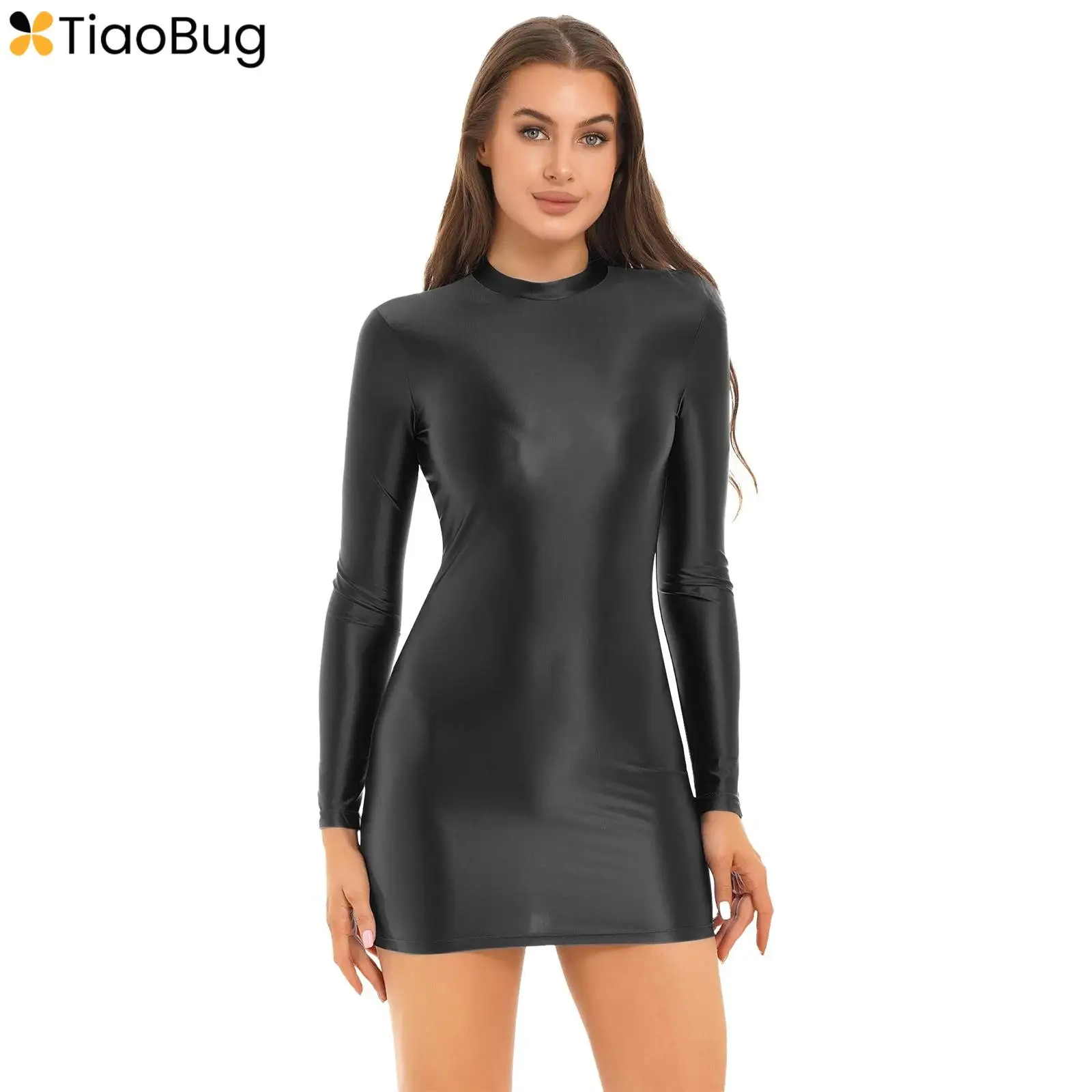 

Womens Shiny Glossy Long Sleeve Bodycon Dress Mock Neck Party Pencil Mini Dresses Pole Dance Stage Costume Nightwear Clubwear