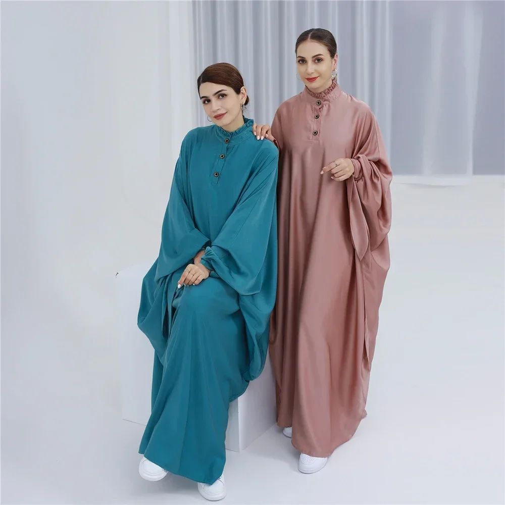 Summer Satin Abaya Oversized Butterfly Sleeve Ruffles Collar Muslim Dress for Women Turk Dubai Kaftan Casual Ramadan Eid Modesty