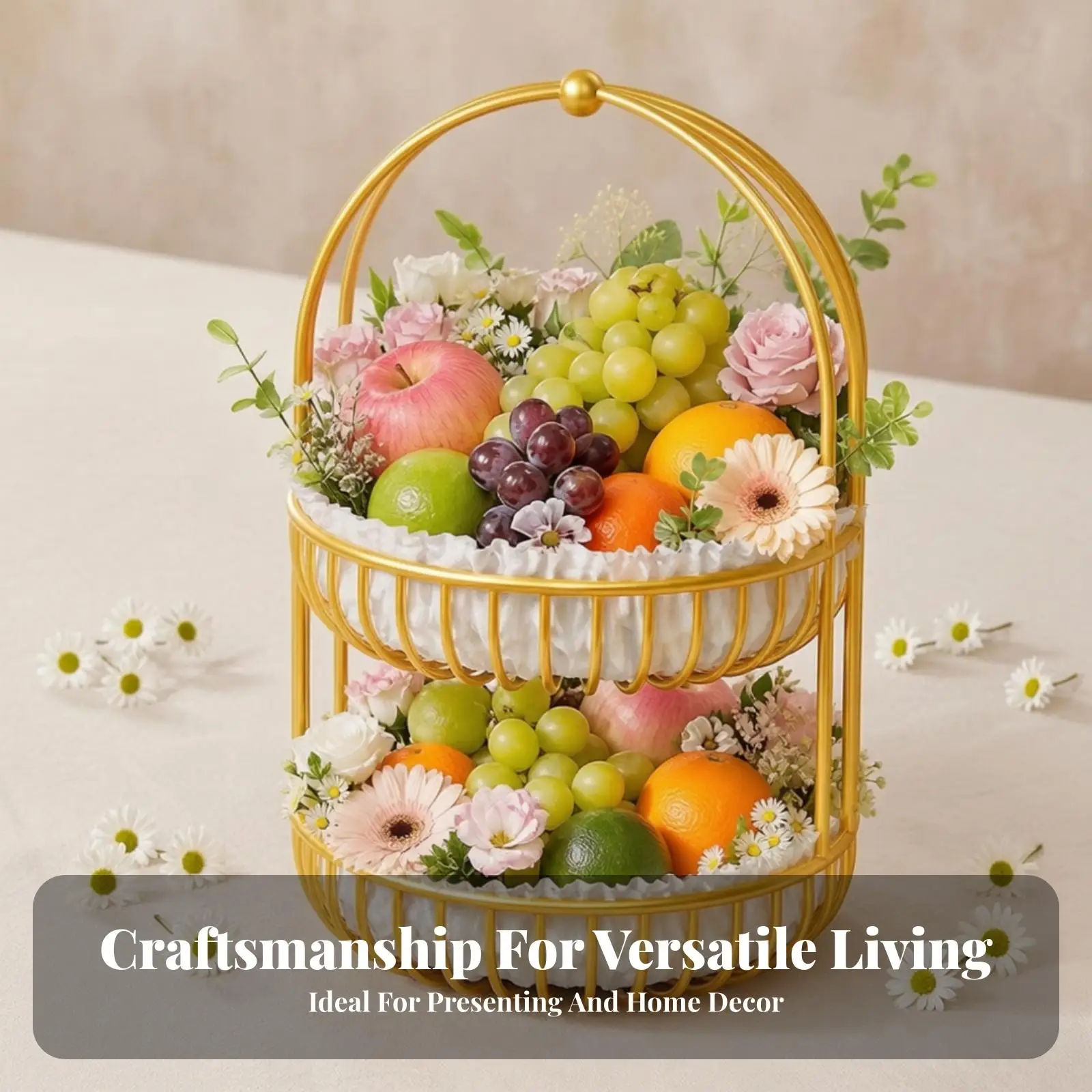 Portable Fruit Basket with Floral Textile Trim Two Tier Metal Design for Event Table Decor