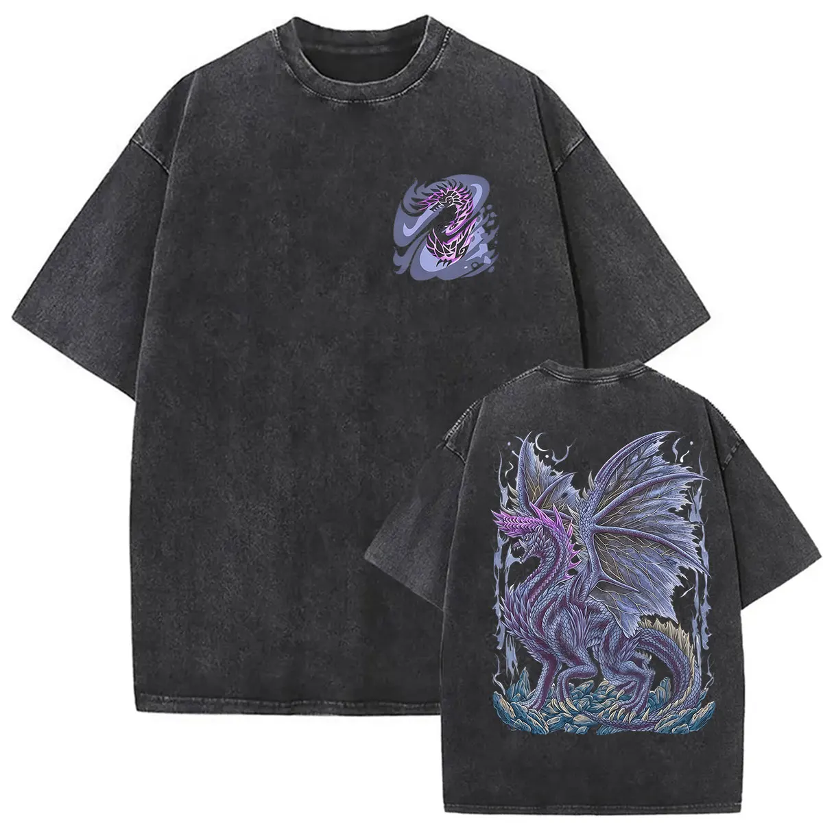 2026 Game Monster Hunter Alatreon The Black Dragon Vintage Washed T Shirts Men's Fashion Oversized Cotton T-shirt Y2k Streetwear