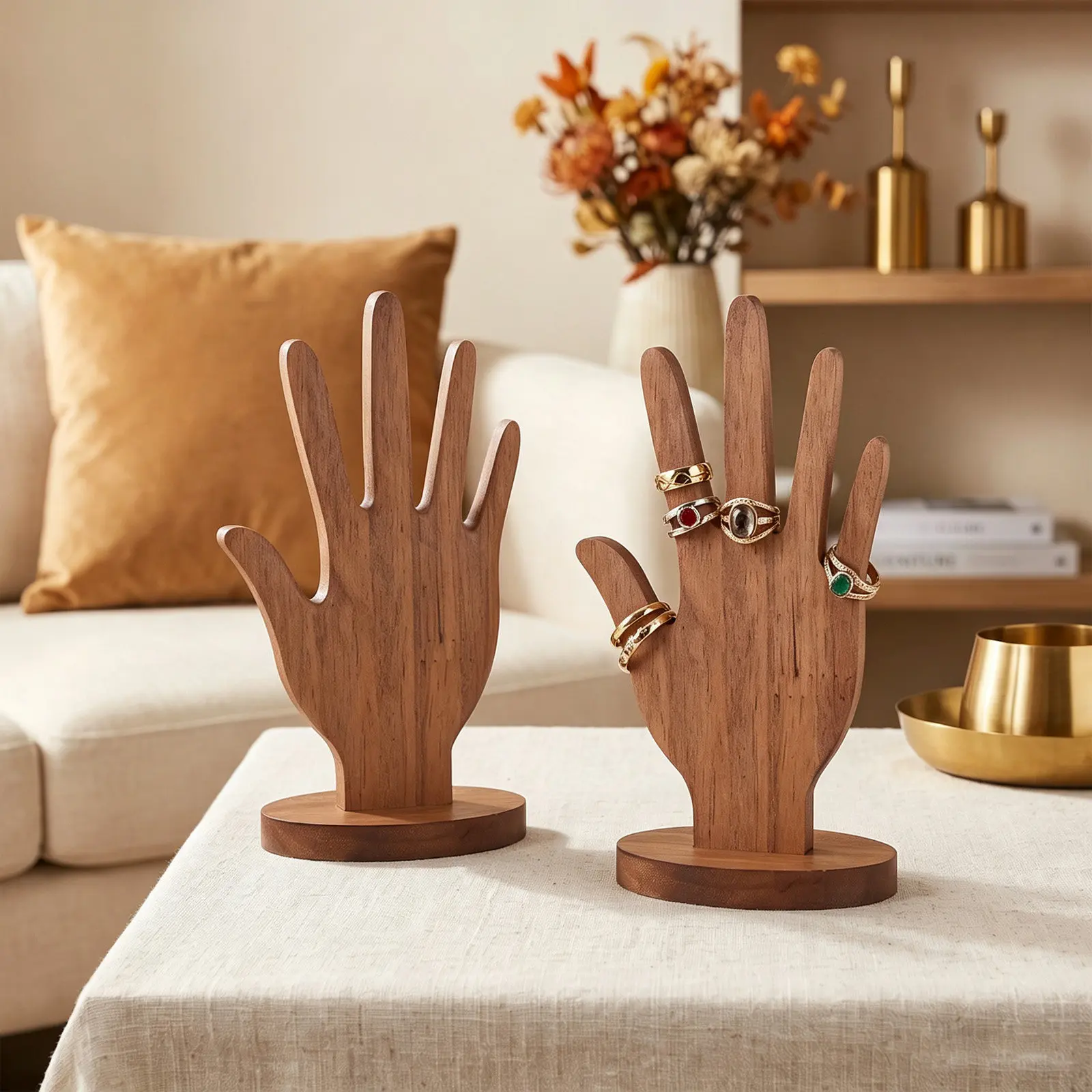 2Pcs Wooden Hand Form Jewelry Display Stand Holder Rustic Wood Ring Bracelet Organizer Countertop Jewelry Mannequin Hand Rack