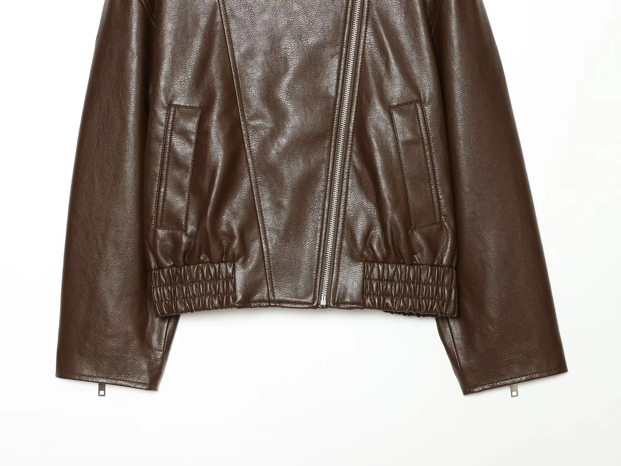 BSAY 2026 Herbst Neue Damen Stehkragen Kunstlederjacke Diagonaler Reißverschluss Kurze Motorradjacke Elastische Taschen Biker-Oberbekleidung – Detail 7
