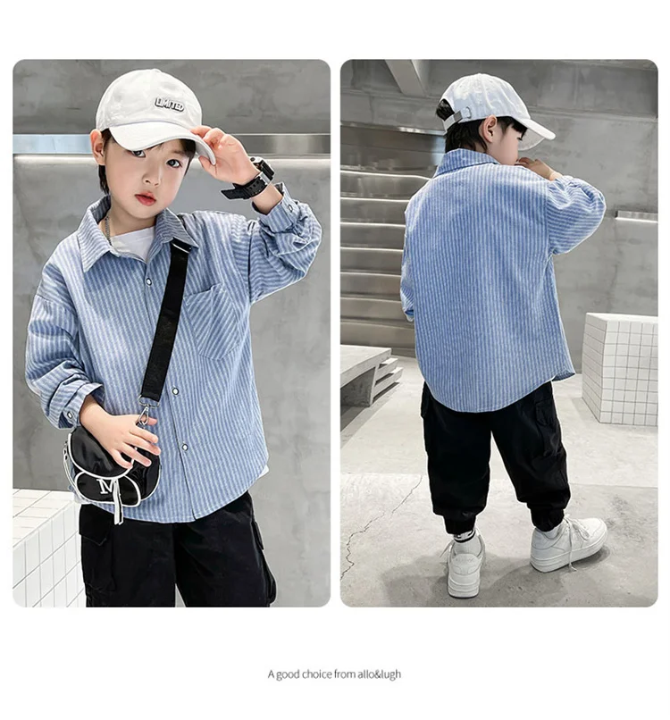 Neues Frühlings-Baumwoll-Langarmhemd für Jungen, Modische High-Street-Oberbekleidung, Oberteile für Teenager, Kariertes Streifenhemd, Alter 5-14 Jahre – Detail 9
