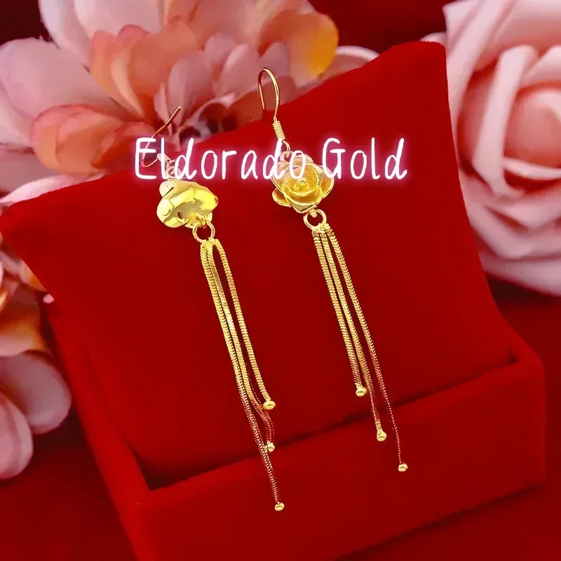 Eldorado Gold  9999 Real Gold 24K Japanese and Korean Fashion Flower Earrings, Women's Gold Rose Flower Ear Hook Earrings
