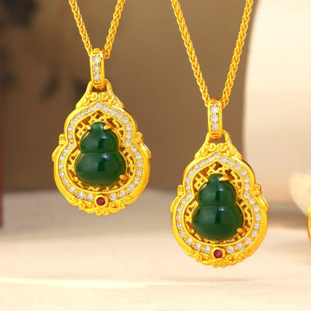 Jade gourd pendant small retro style Fulu collarbone chain 9999gold