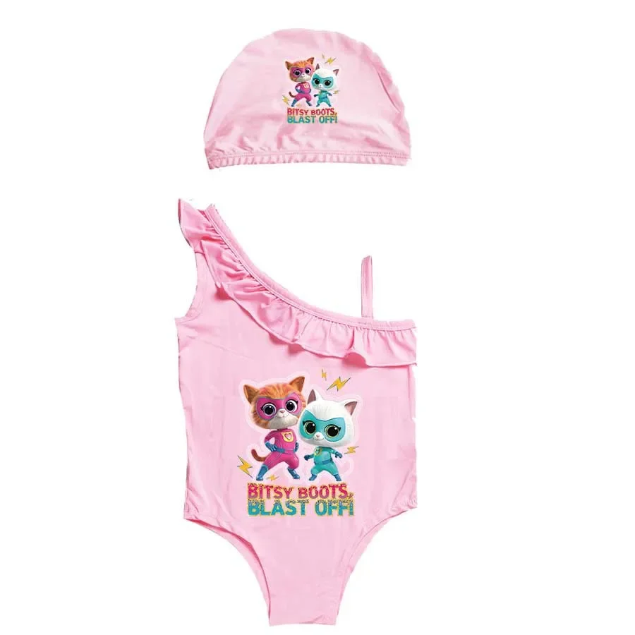 2026 Summer Superkitties Swimsuit Kids Sling Carooon Print Ruffles Bikini for Baby Girls Super Cats Clothes Children's Swimwear