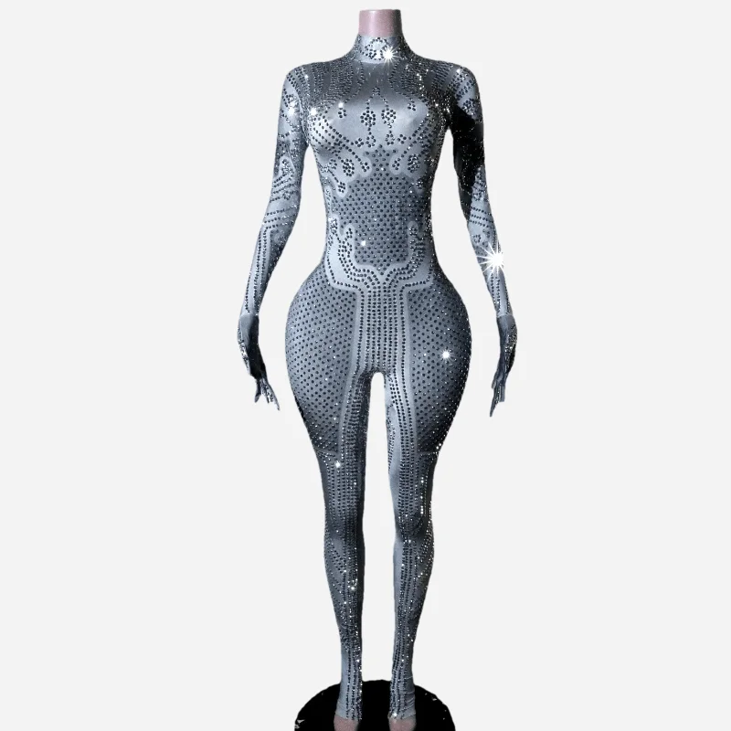

Sparkly women Rhinestones Jumpsuit Long Sleeve Sexy Stretchy Dance Costume Bar Party Nightclub Singer Pole dance Stage perform