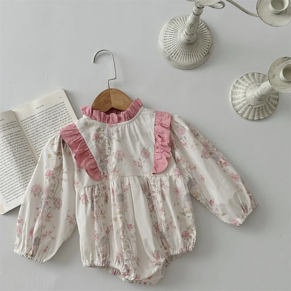 

2024 Autumn Baby Girl Long Sleeve Bodysuit Toddler Floral Jumpsuits Cotton Ruffle Infant Princess Onesies Newborn Girl Clothes