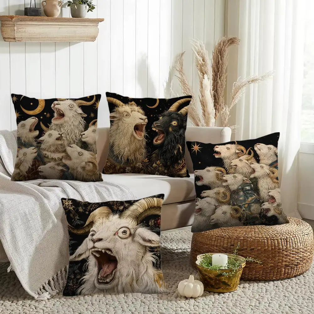 Celestial Mythic Goats Cushion Cover Silky Short Plush Invisible Zipper Dustproof Sofa Pillow Case for Home Decor