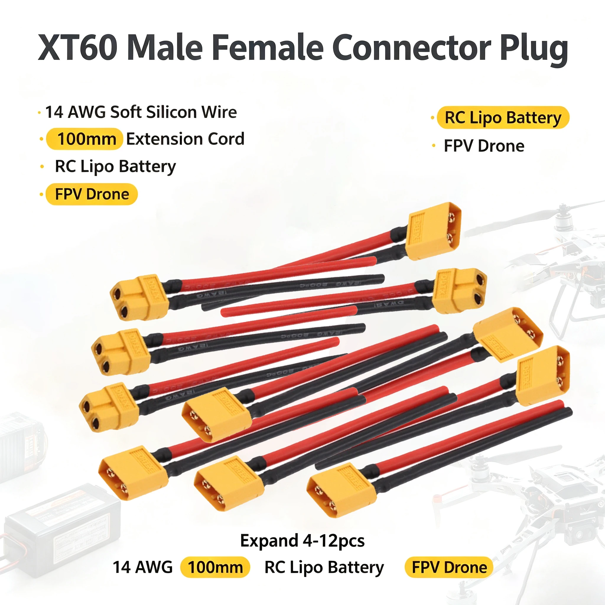 XT60 Male Female Connector Plug with 14 AWG Soft Silicon Wire 10cm Extension Cord for RC Lipo Battery FPV Drone Expand 4-12pcs