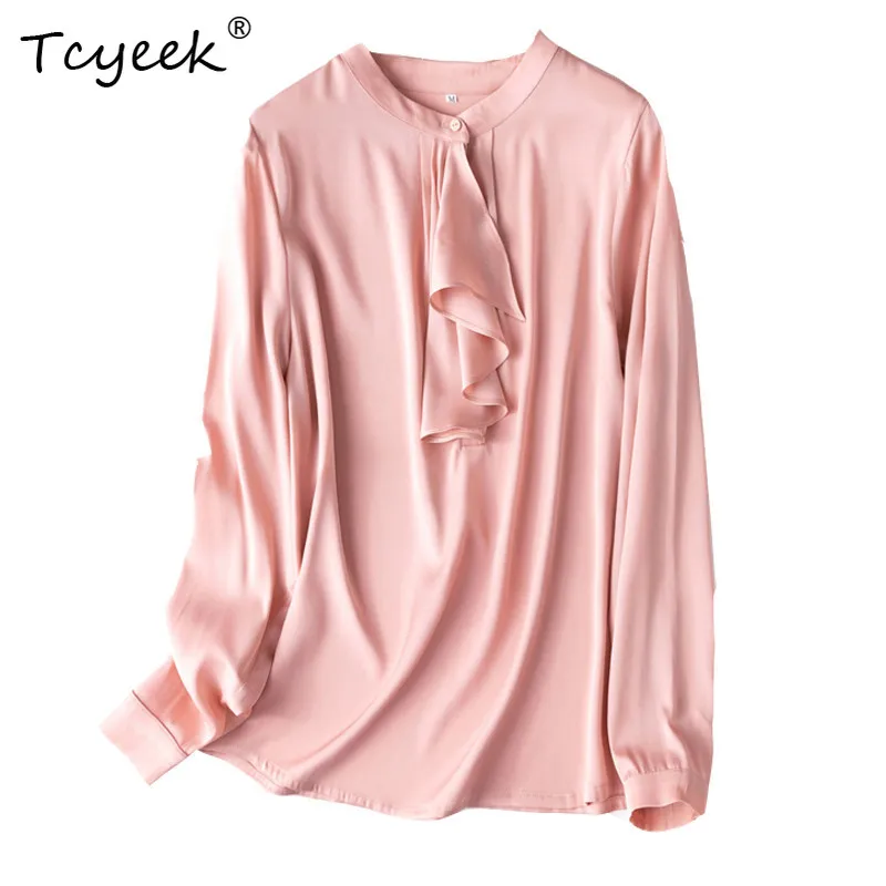 

Tcyeek 93% Mulberry Silk Blouse 2026 Elegant Blouses for Women Spring Summer Clothes 19MM Silk Ladies Tops Long Sleeve Blusa