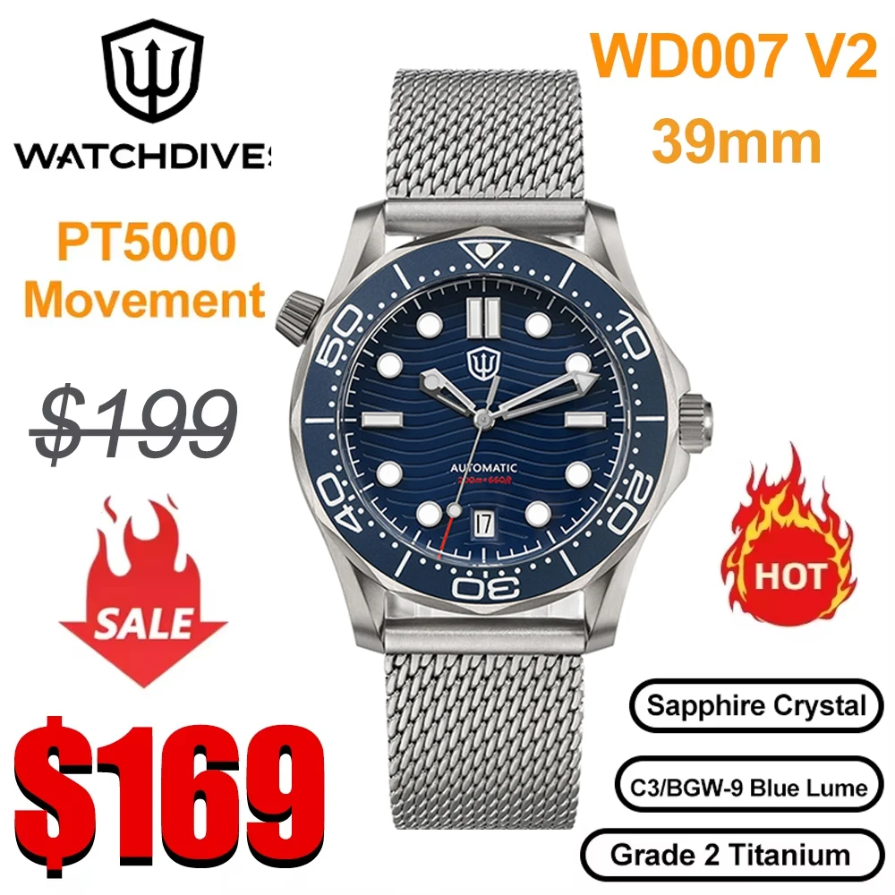 Reloj Watchdives WD007 V2 de titanio de 39mm, movimiento automático NTTD PT5000, cristal de zafiro abovedado, relojes luminosos impermeables para hombre