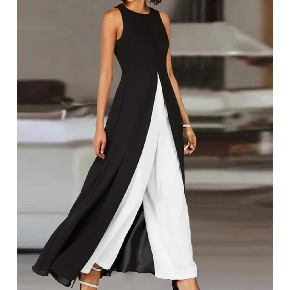 

Jumpsuits Women Contrast Color High Waist Black Round Neck Sleeveless Jumpsuit O-neck Summer Wide Leg Pants Jumpsuits