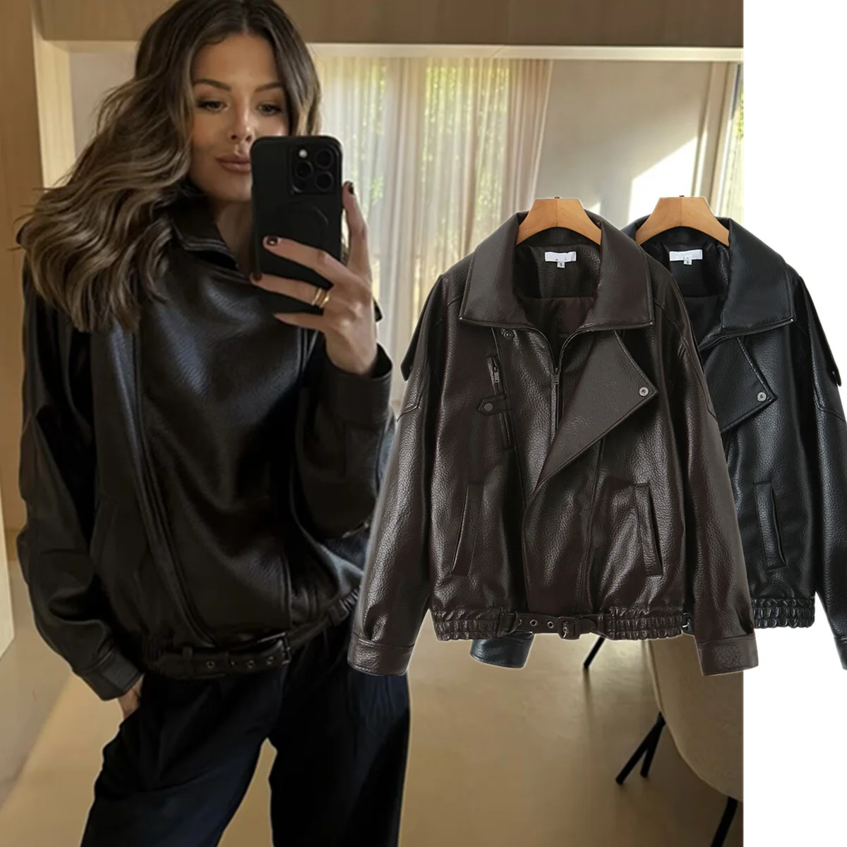 Maxdutti معطف الشتاء سترة نسائية ملابس امرأة Ins موضة مدون خمر دراجة نارية بولي Leather سترة جلدية النساء بلايز