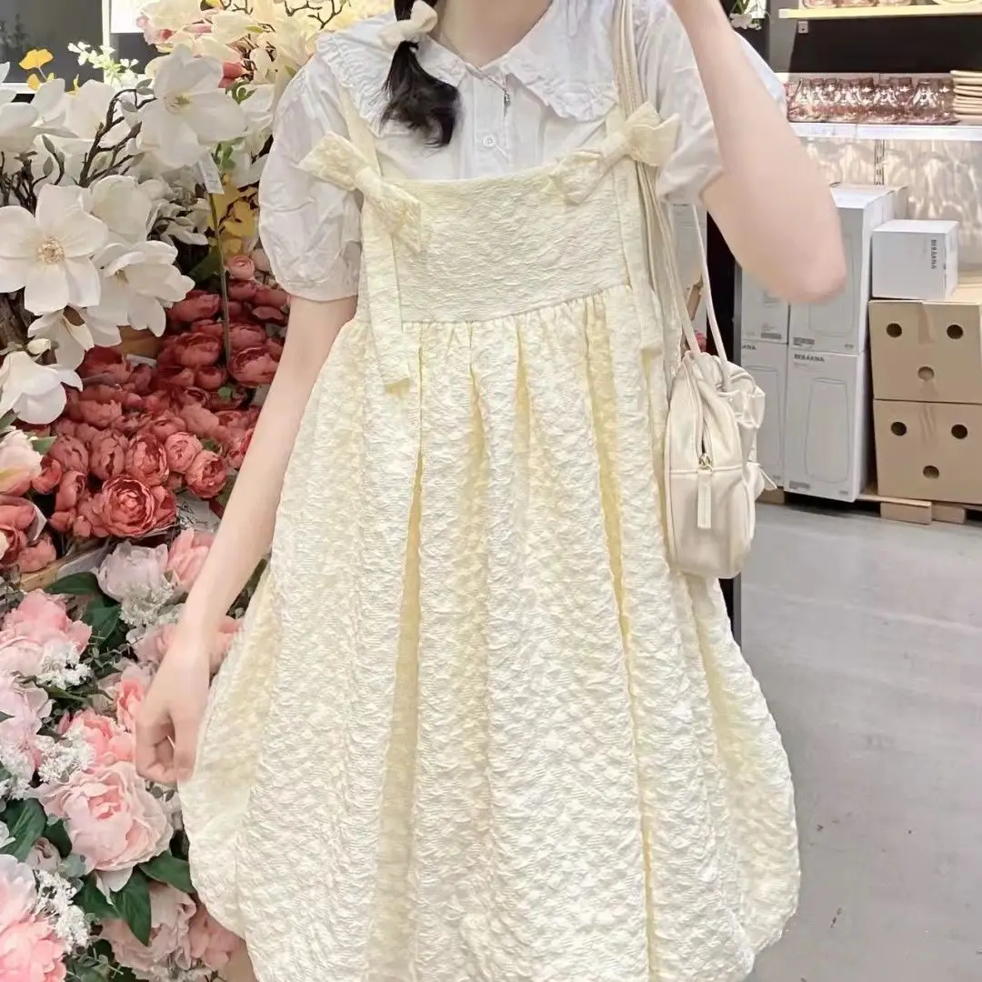 Summer New Japanese Style Sweet Women\'s Set Female Student Bow Strap Dress +Doll Neck Shirt Fashionable Two Pieces Set for Women