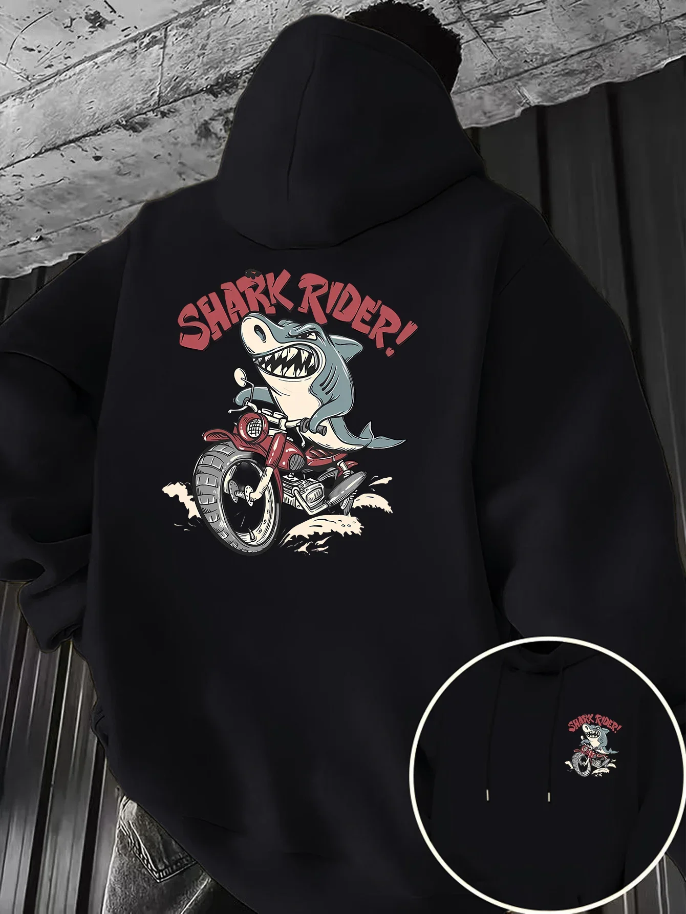Trending Vintage Cartoon Shark Rider Motorcycle Graphic Hoodie Men Women Retro Biker Front Back Print Loose Sweatshirt