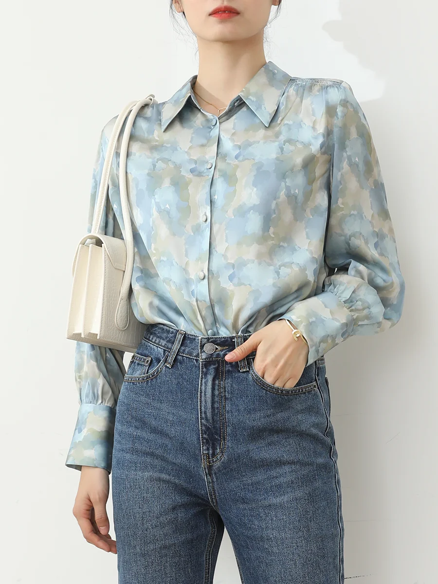 

Женская рубашка свободного кроя с оригинальным принтом, модная винтажная весенняя одежда, прямой крой, элегантный топ