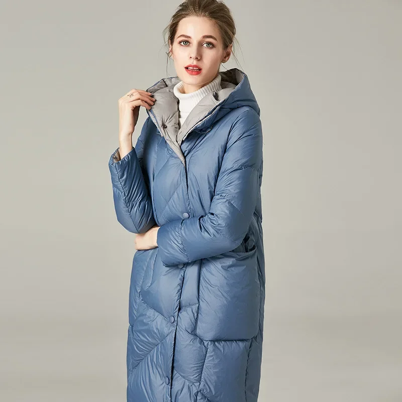 Down Jacket Blue Jacket Women Mid Length Hooded Thickened Loose Fitting Cocoon Shaped Autumn and Winter Double Breasted Jacket