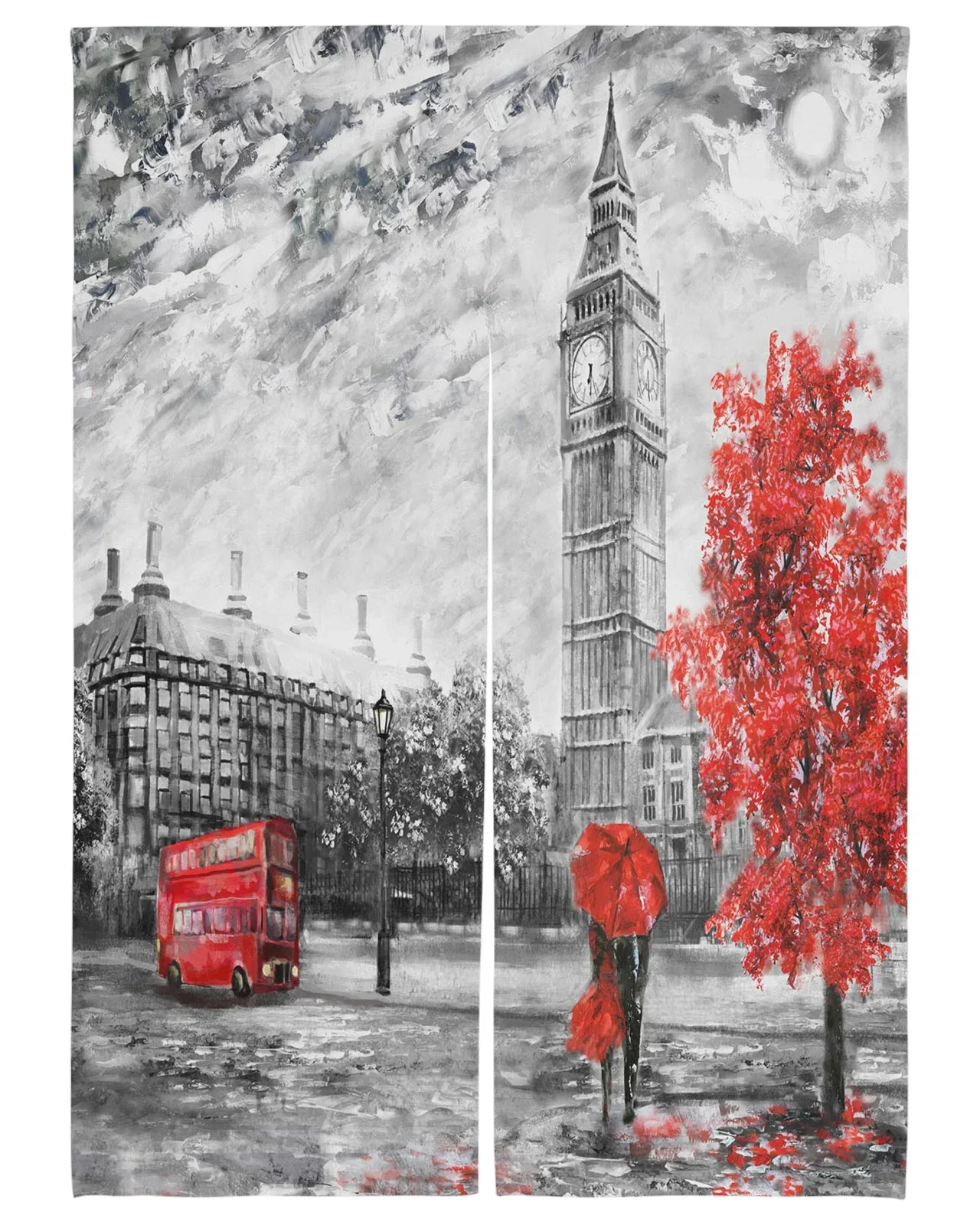 London Red Umbrella Bus Tree Door Curtain Oil Painting Japanese Noren Curtain Restaurant Kitchen Entrance Partition Half-Curtain