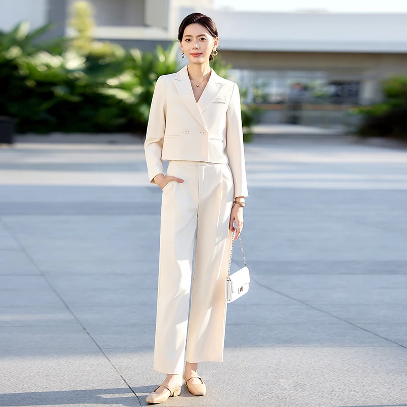 NAVIU Set da due pezzi Completi da donna 2025 Nuove signore da ufficio Elegante manica lunga Allentato Solido Giacca corta e pantaloni Abbigliamento da lavoro