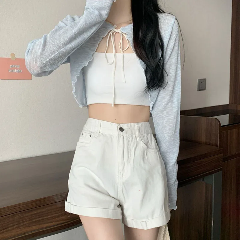 XPQBB Summer Thin Sun-proof Cardigan Women Candy Colors Sweet Long Sleeve Crop Tops Woman Bow Lace Up Shawl Airable Shorts Shirt