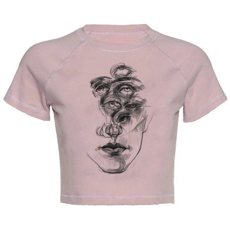 

Street dress cut women's T-shirt retro face design T-shirt V-collar sexy short-sleeved animation Gothic blouse