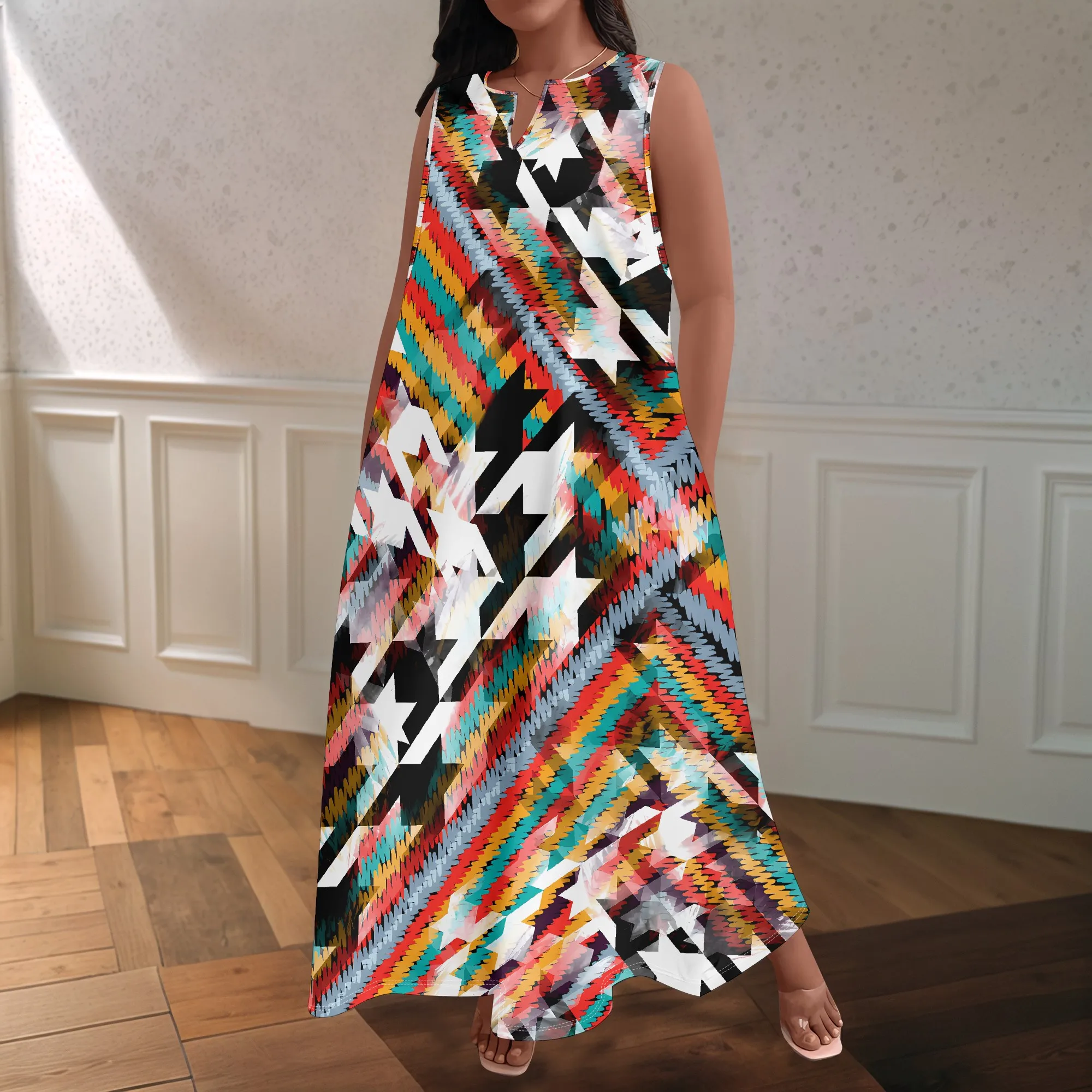 Sukienka letnia plus size damska, modna, z nadrukiem w stylu afrykańskim, bez rękawów, z okrągłym dekoltem w kształcie litery V, luźna i codzienna.