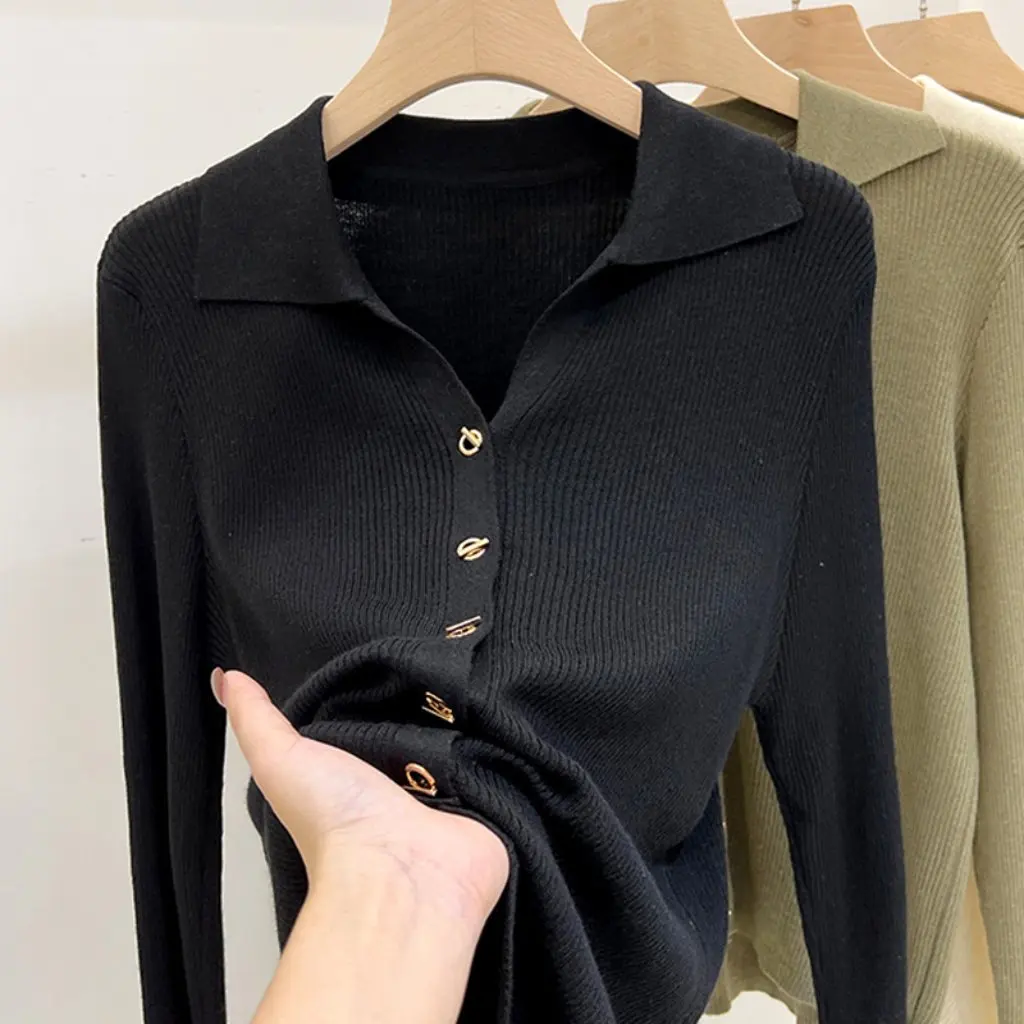 

Women's Long-Sleeved Knitwear Pure Color Design Niche Lapel Top for Autumn Winter Style Bottoming Fashionable Knittedwear