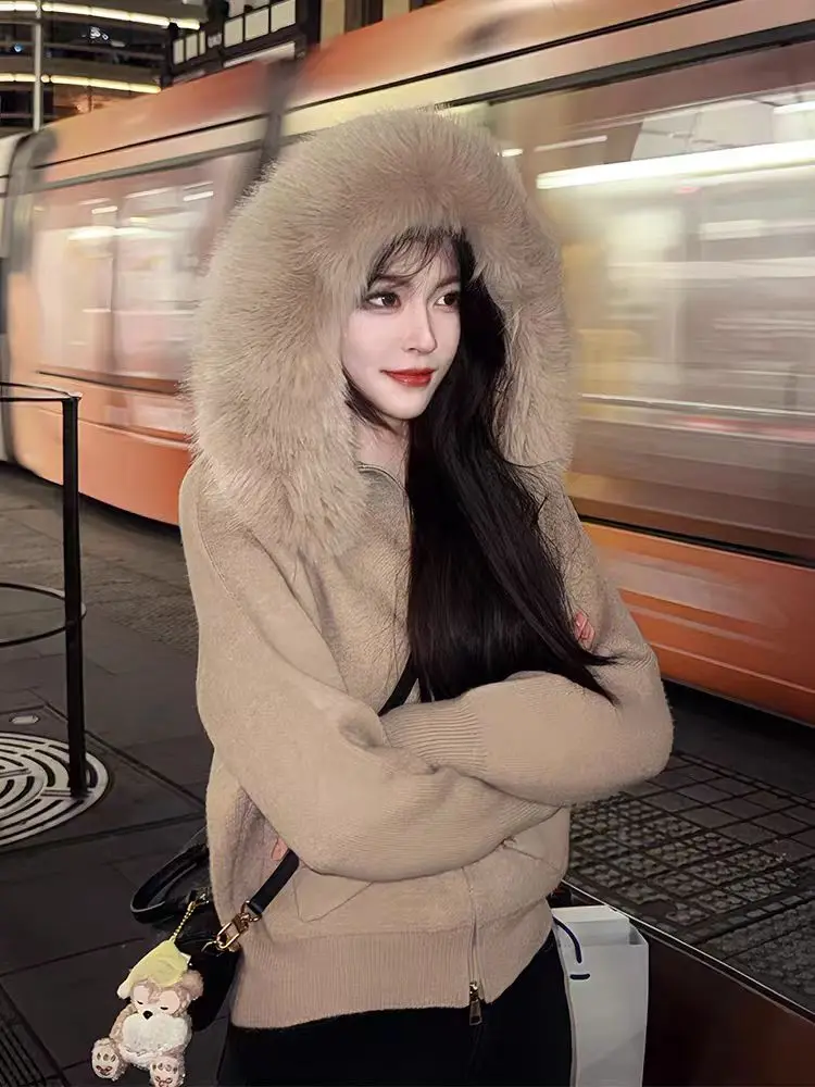 

Soft Cozy i Knitted Open Cardigan Women's Autumn Winter Hooded Sweater Outerwear Comfortable Korean Sle Long Sve Zipper