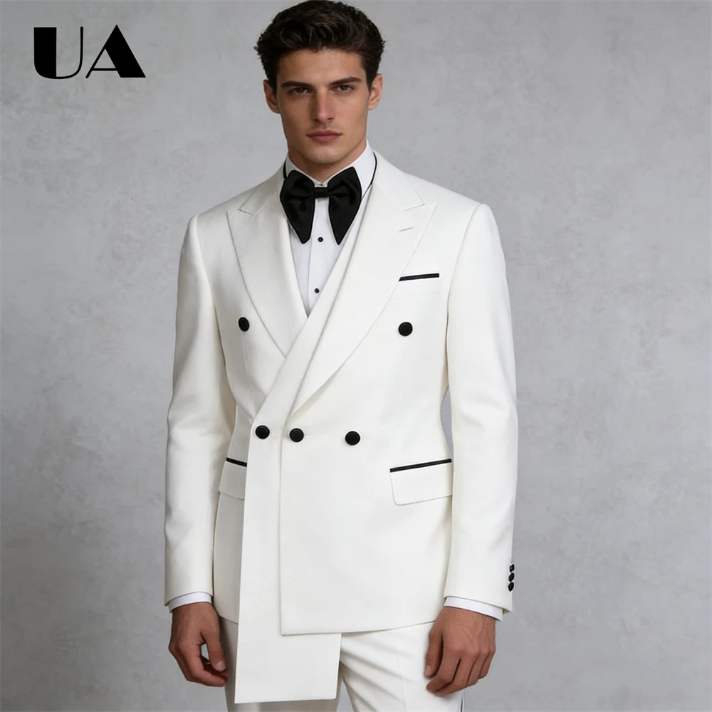 طقم بدلة بيضاء غير متماثلة للرجال، ملابس بدلة حفلة موسيقية بيضاء (سراويل سترة) مقاس كبير XXS-7XL بنطال سترة سهرة للرجال #2