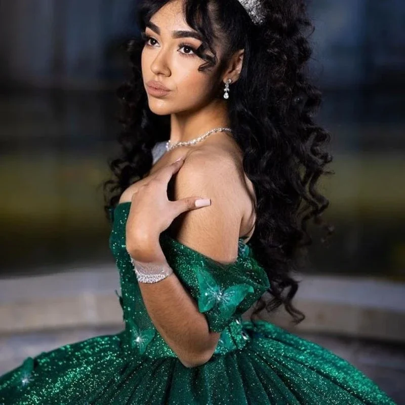 

New Arrival Green Princess Quinceanera Dress Ball Gown Customiz Party Gown 3D Butterfly Sweet 16 Birthday Dress Vestido De Noiva