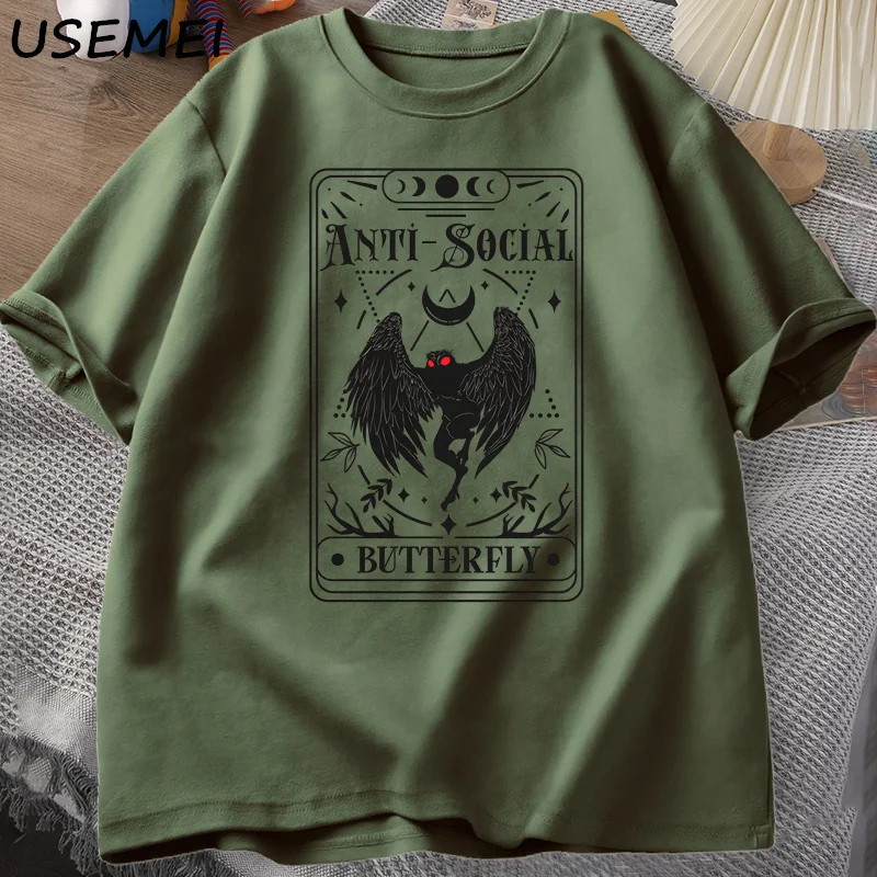 Mothman Tarot Card Butterfly T-shirt Man Vintage Cotton Short Sleeve T Shirt Streetwear Casual Round Neck Printed Tshirts Tops