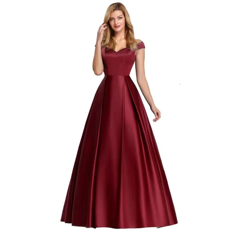 Burgundy Off Shoulder Satin Prom Dresses 2022 Women Navy Blue Evening Party Formal Bridesmaid Wedding Guest Maid of Honor Gowns