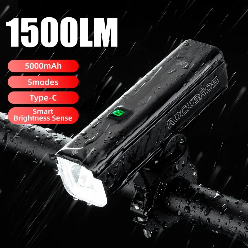 ROCKBROS Bike Light 1500LM 5000mAh Bicycle Light IPX6 Aluminum Type-C Rechargeable Smart Brightness Sense Adjust Cycling Lamp