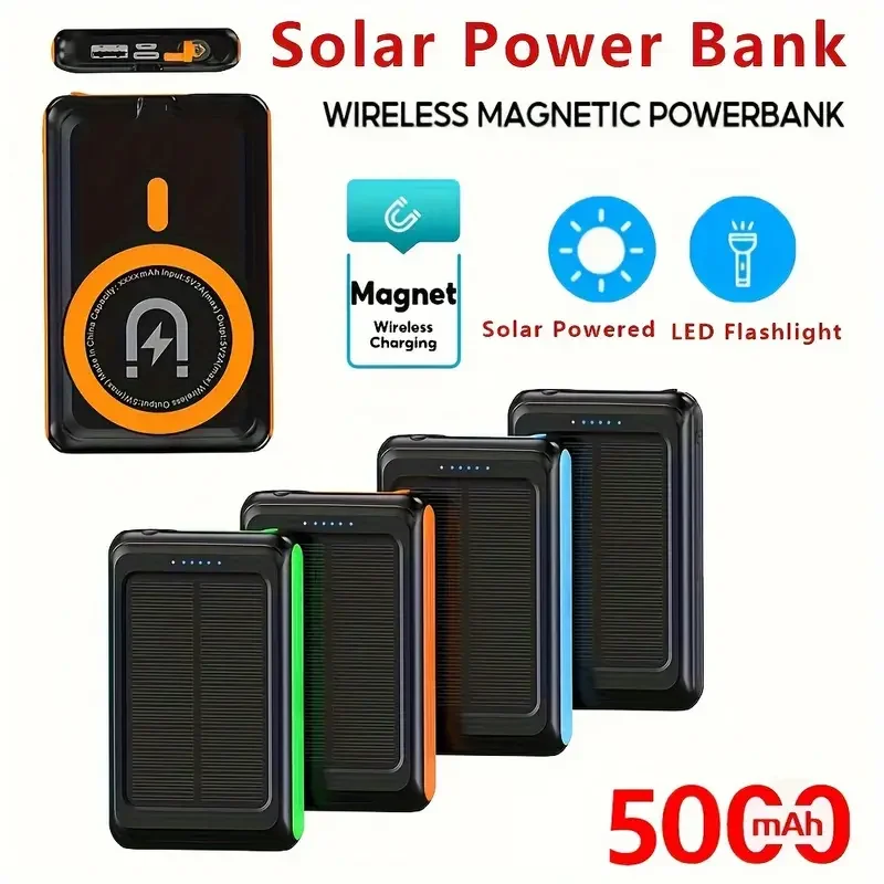 5000mAh Magnetic Wireless Charger Power Bank Solar Outdoors Charge Portable External Battery for iPhone 16 15 14 13 xiaomi