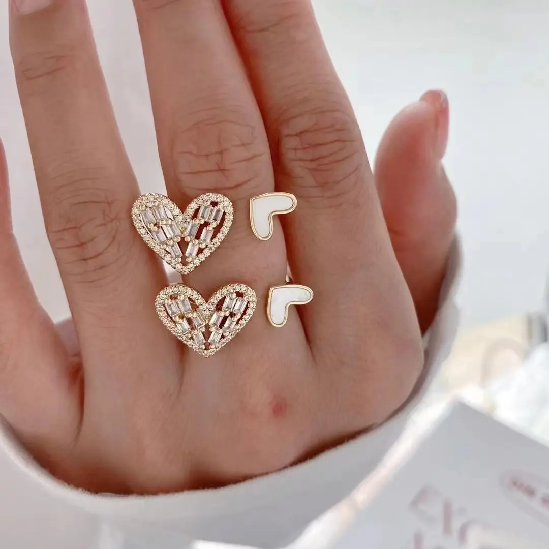 5PCS, Korean Fashion Shell Love Heart Zircon Rings for Women Exquisite Mop Shell Open Finger Ring Girls Minimalist Jewelry