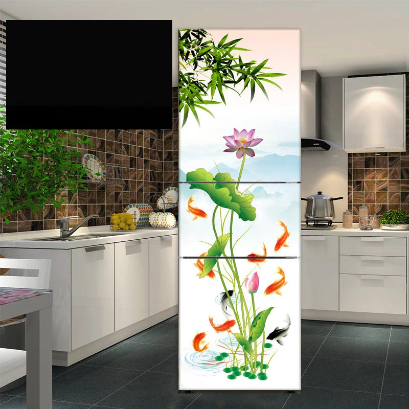 Carp Lotus Fridge Sticker Scenery Ink Painting Refrigerator Stickers Self-adhesive Wallpaper Kitchen Decor Mural Decal Removable