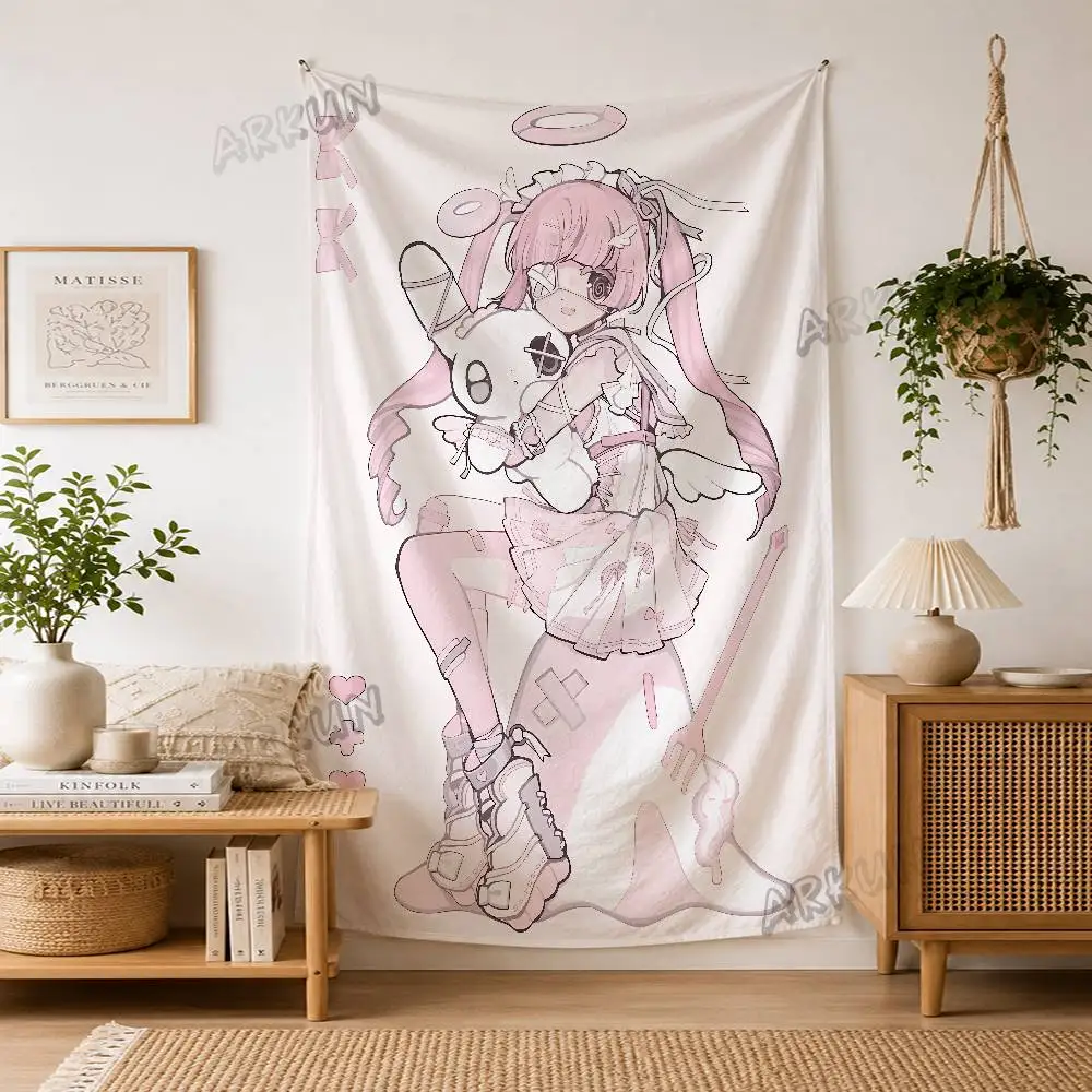 Cute Pink Anime Girl Tapestry, Yami Kawaii Aesthetic Wall Hanging, Pastel Gothic Bunny Angel Character Bedroom Home Decor
