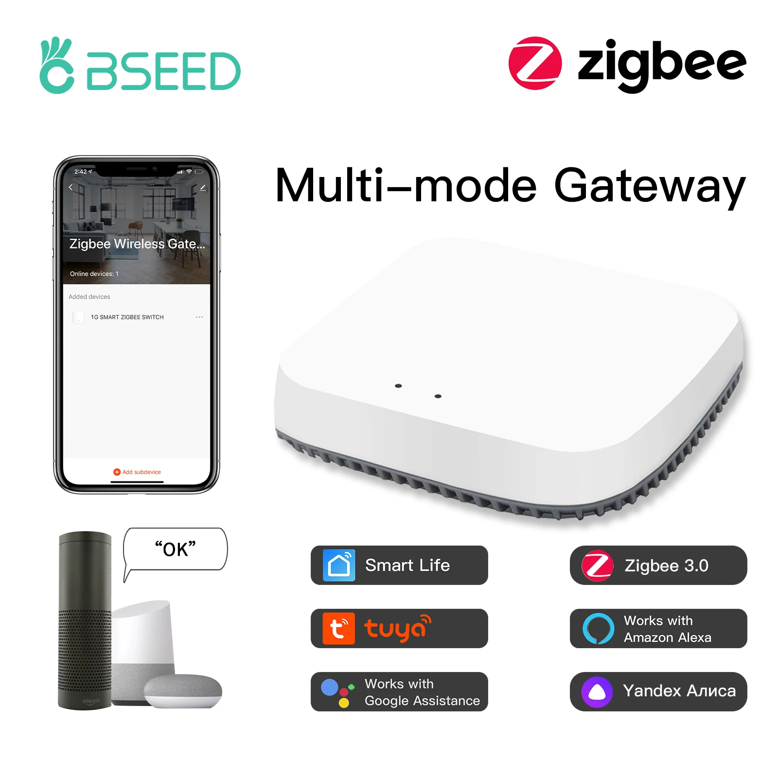 BSEED Tuya Zigbee Smart Gateway Hub Wireless Home Bridge Wifi Switch Remote Control Bekerja dengan Smart Life Alexa Google Home