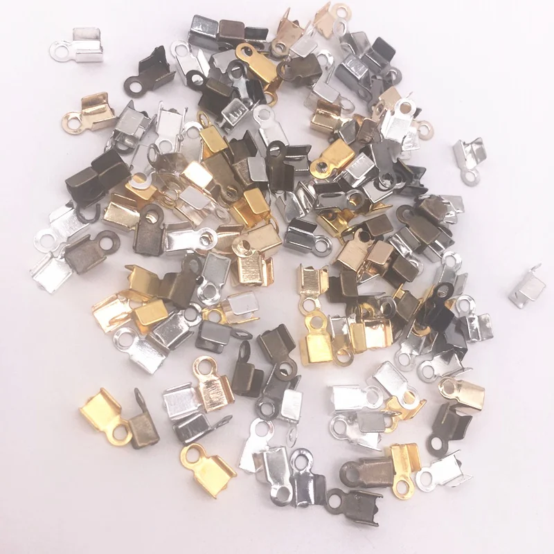 Hot 200pcs/lot 2x6/4x8mm Crimp beads cove clasps Cord End Caps String Ribbon leather Clip Foldover For Necklace Connectors