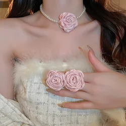 Sweet Fabric Camellia Flower Pearl Choker Neckchain For Women Fashion Gentle Flower Pendant Necklack Wedding Party Jewelry Gifts