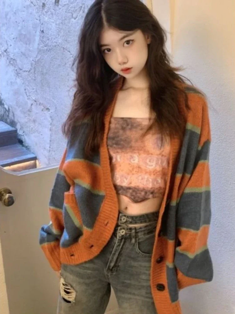 

Cardigan Women Striped Vintage Korean Style Trendy Knitwear All-match Basic Elegant Students V-Neck Sweet Spring Fall Clothing