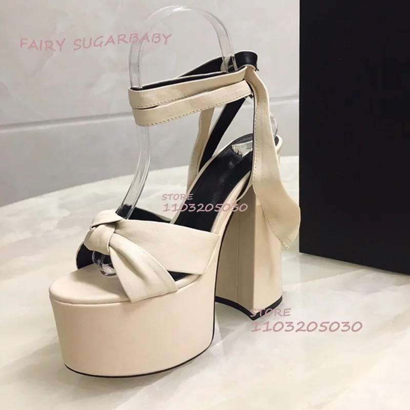 Light Pink Knotted Suede Platform Chunky Heel Open Black Leather Gold Sandal Women Summer Hollow Dress Wine Ankle Lace Sexy Shoe